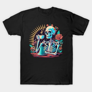 Skeleton with coffee and roses T-Shirt